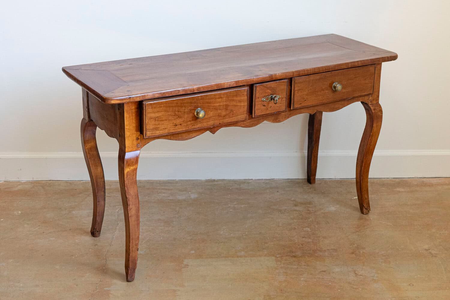 French Louis XV Style 19th Century Walnut Console Table with Three Drawers - JAA