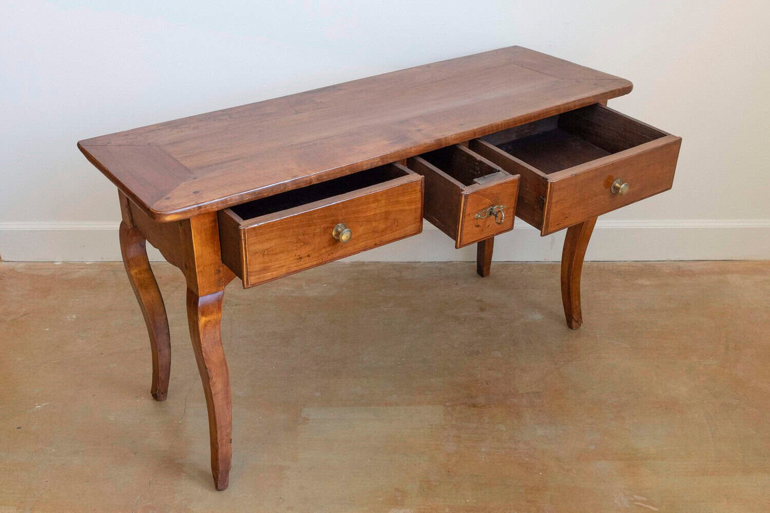 French Louis XV Style 19th Century Walnut Console Table with Three Drawers - JAA