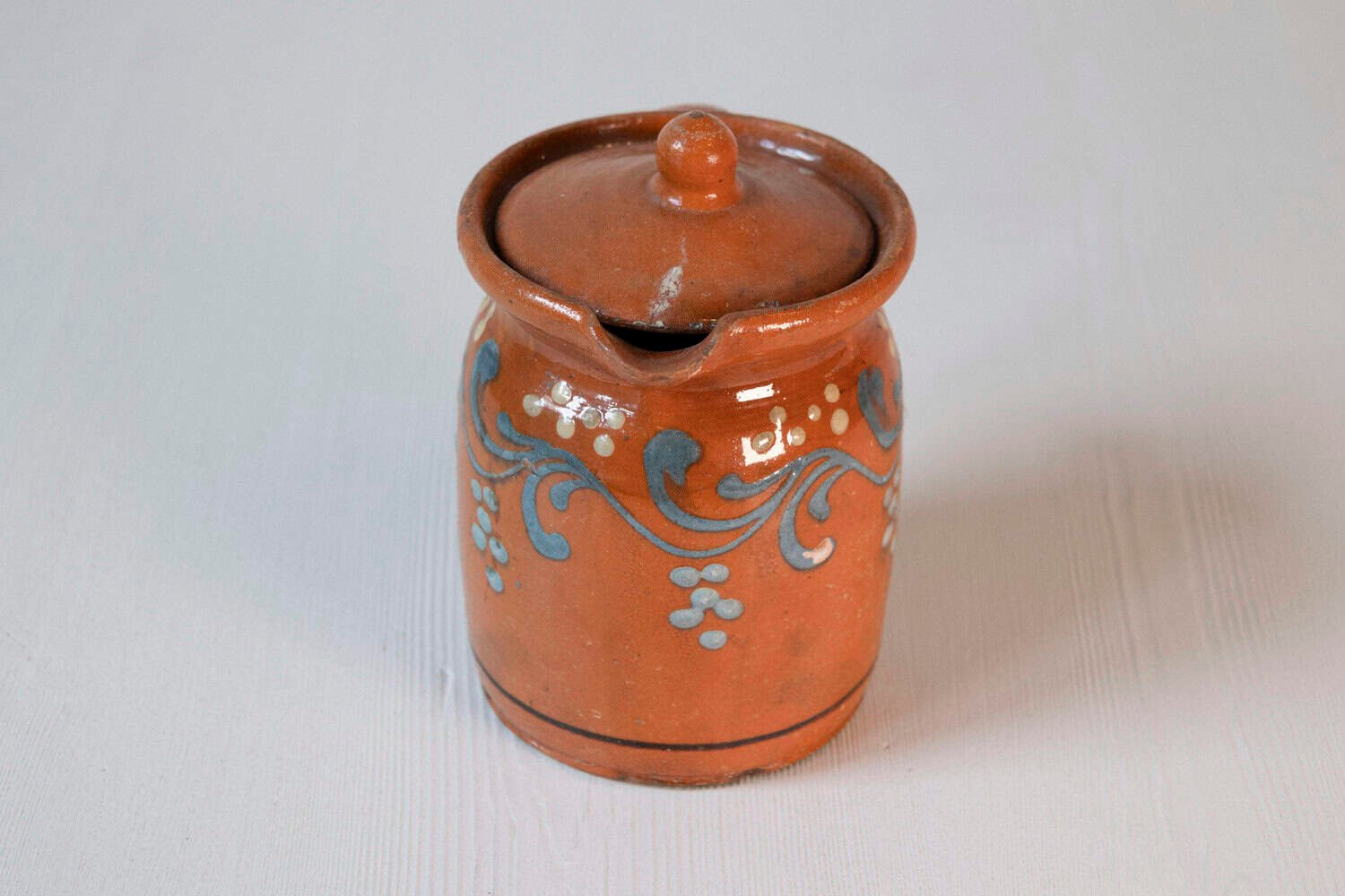 French 19th Century Pottery Pitcher with Orange and Blue Glaze and Foliage Motif - JAA