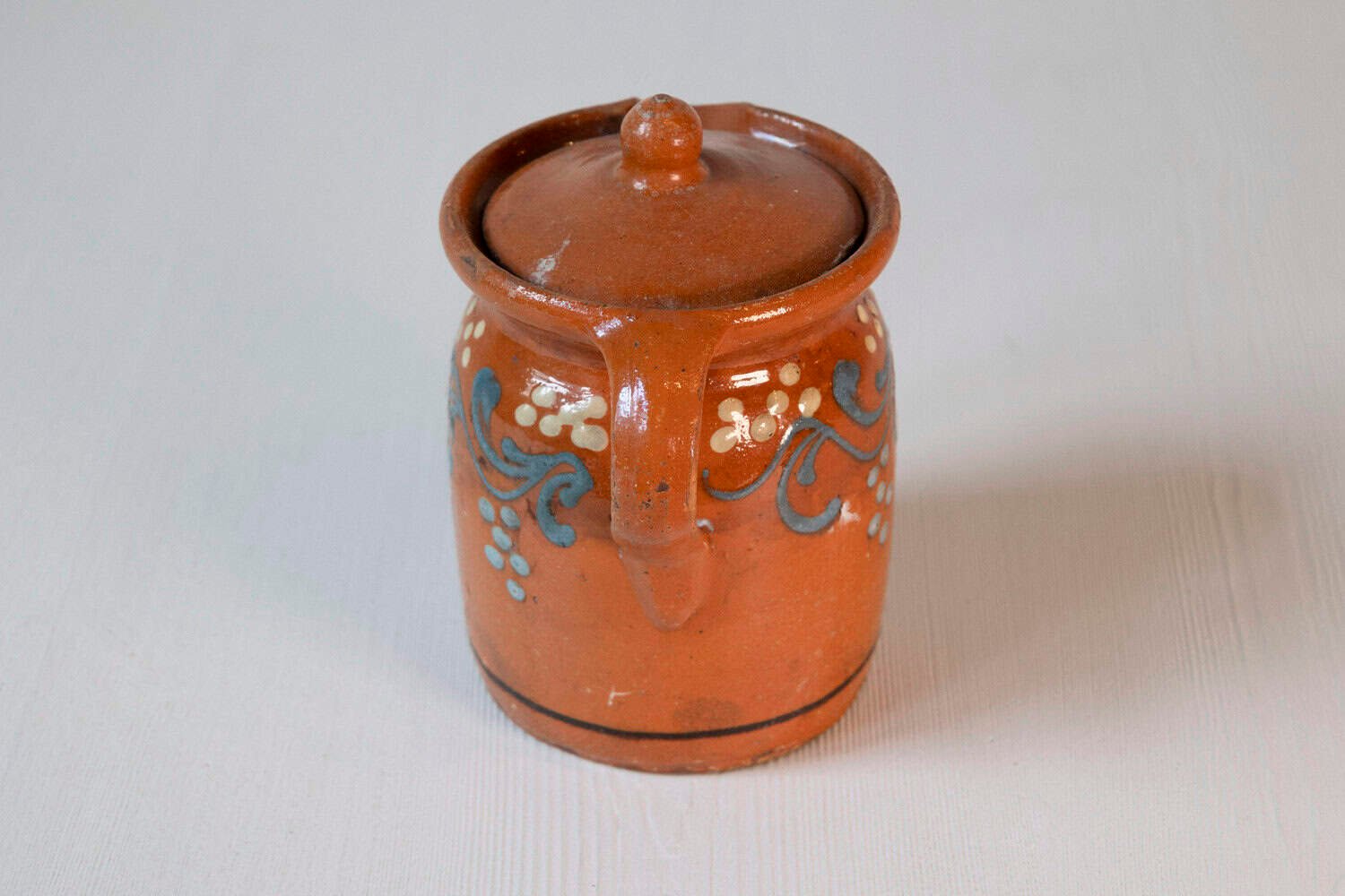 French 19th Century Pottery Pitcher with Orange and Blue Glaze and Foliage Motif - JAA