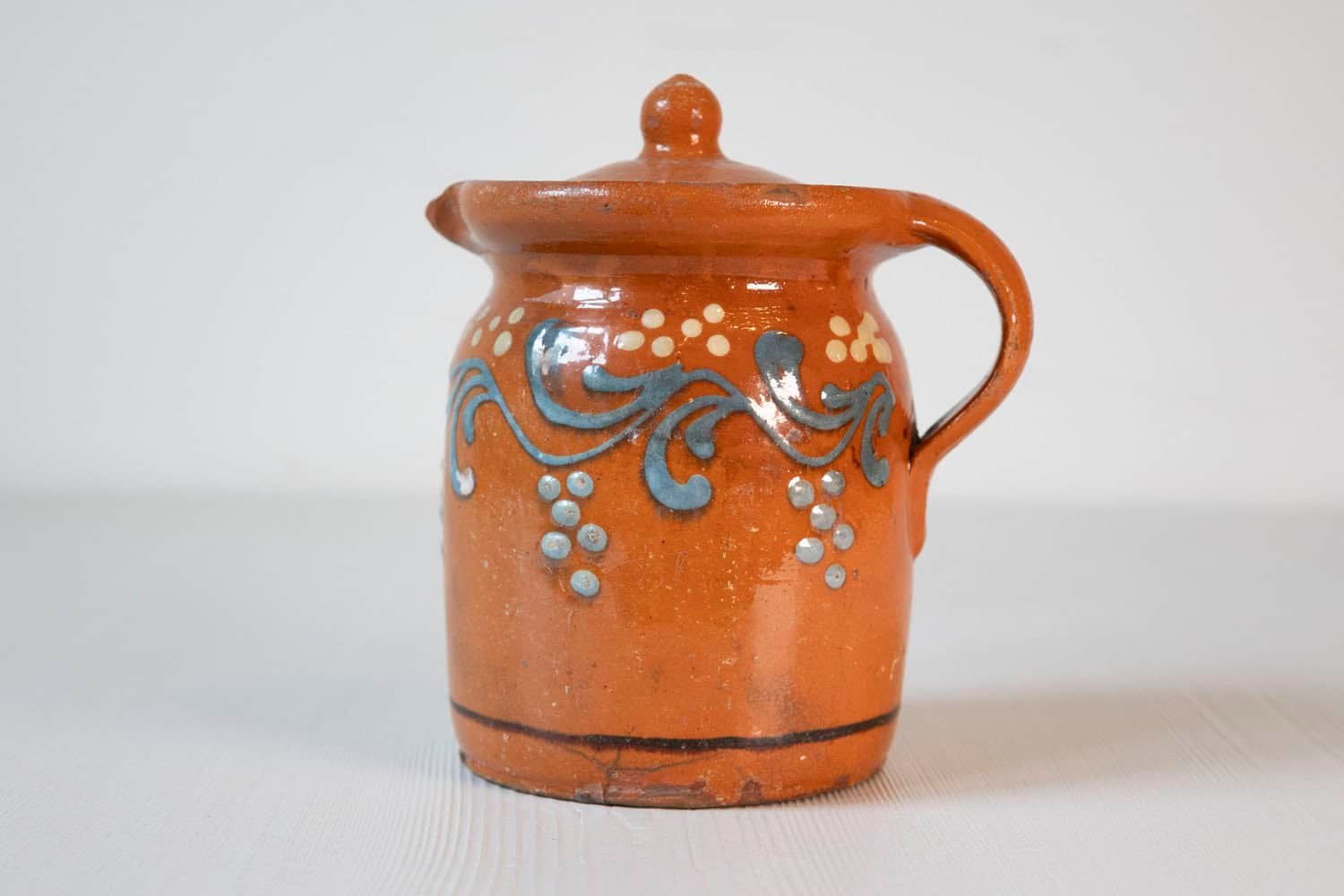 French 19th Century Pottery Pitcher with Orange and Blue Glaze and Foliage Motif - JAA