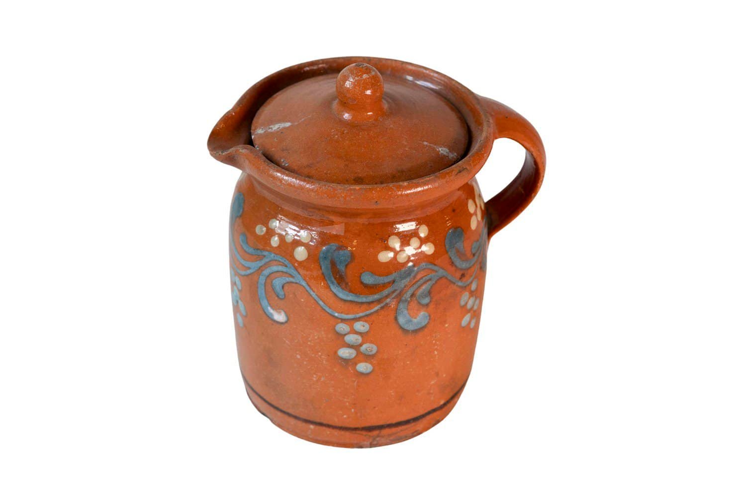 French 19th Century Pottery Pitcher with Orange and Blue Glaze and Foliage Motif