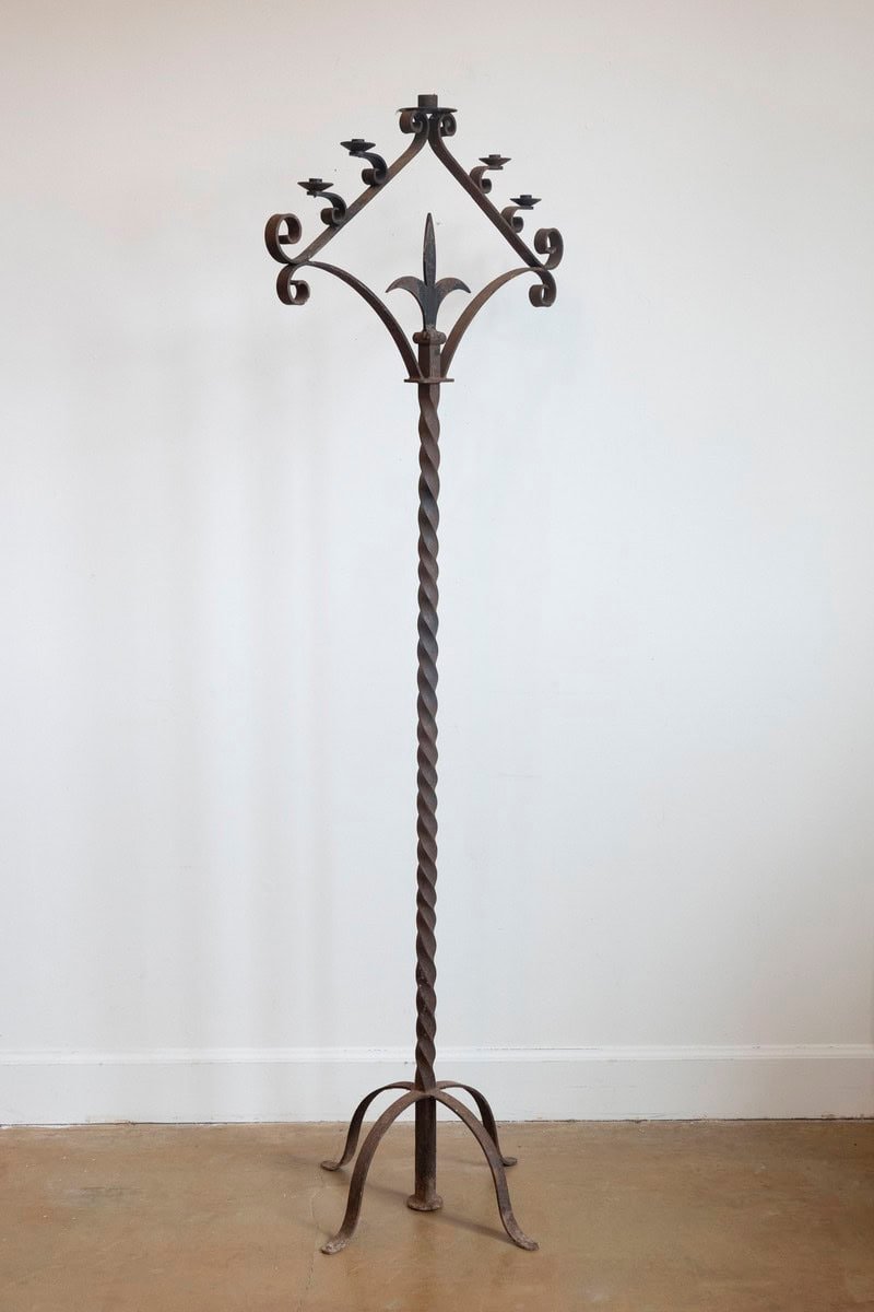 French Turn of the Century Iron Floor Standing Candelabra with Five Prickets - JAA