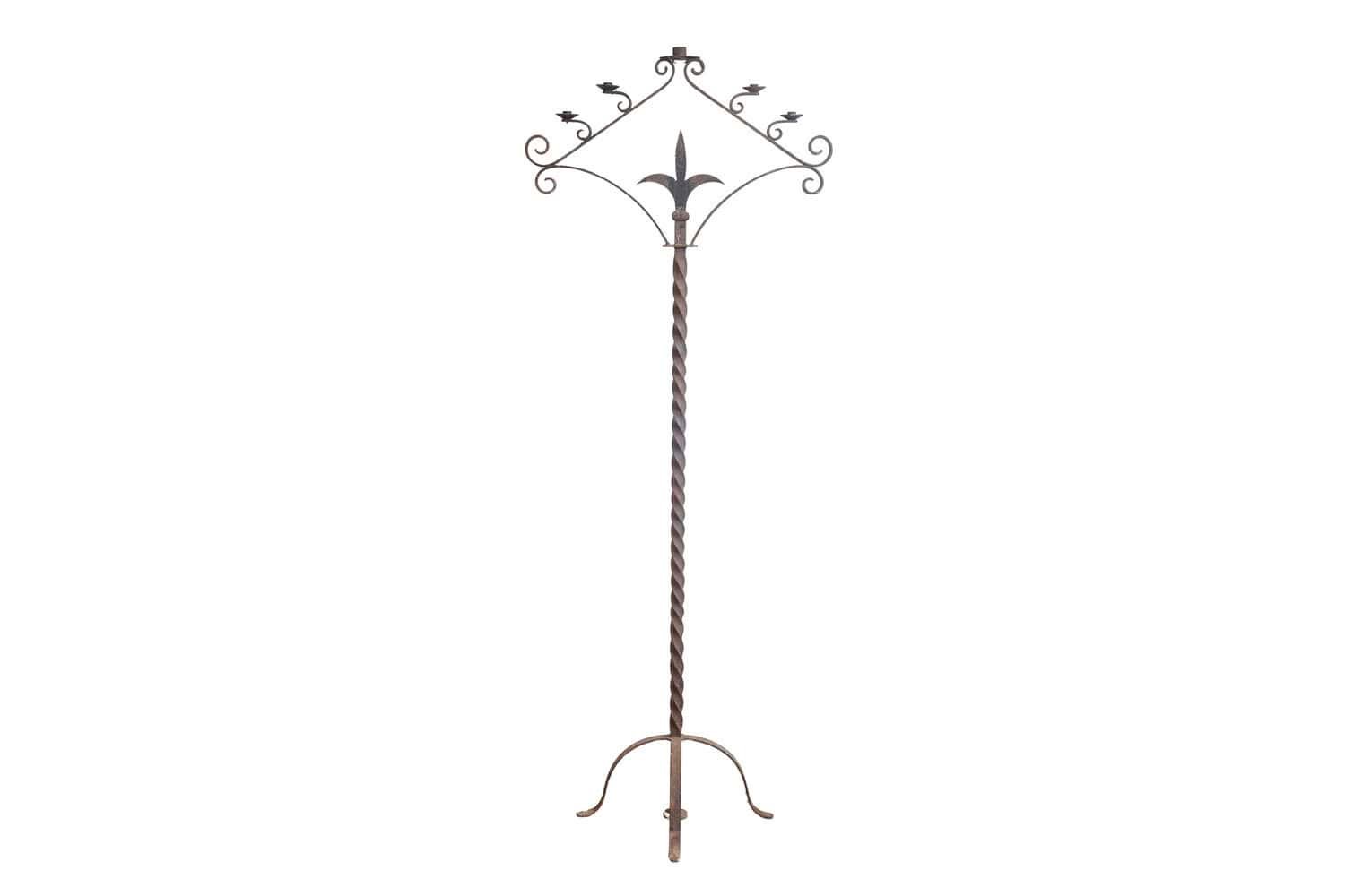 French Turn of the Century Iron Floor Standing Candelabra with Five Prickets