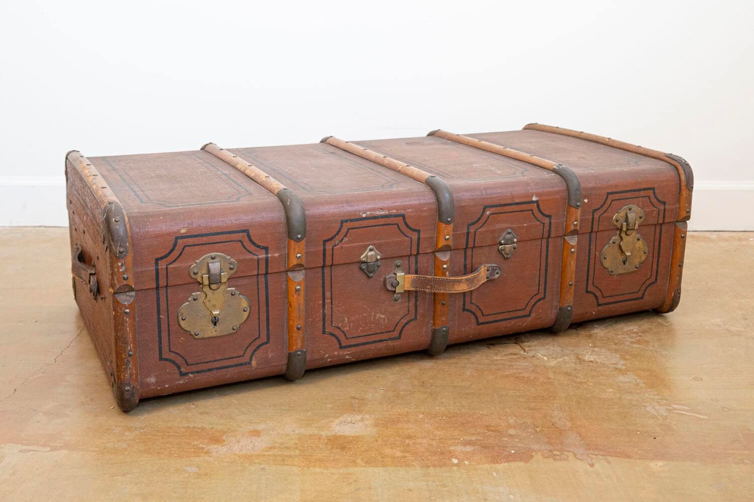 Italian 20th Century Leather, Wood and Brass Travel Trunk with Rustic Character - JAA