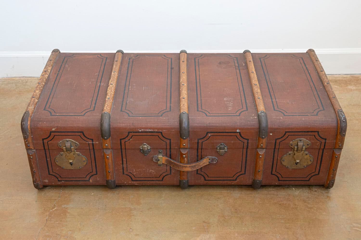 Italian 20th Century Leather, Wood and Brass Travel Trunk with Rustic Character - JAA