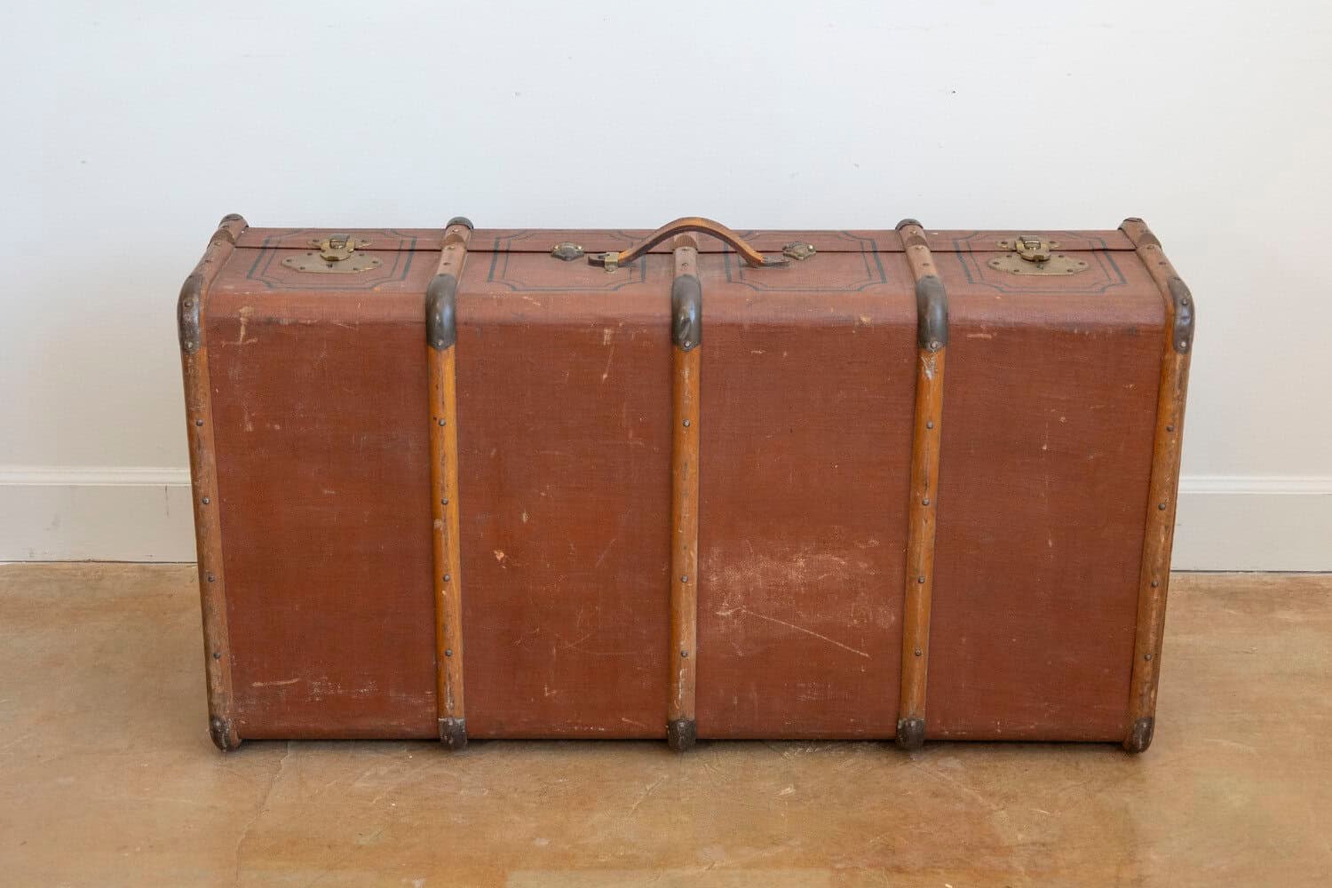 Italian 20th Century Leather, Wood and Brass Travel Trunk with Rustic Character - JAA