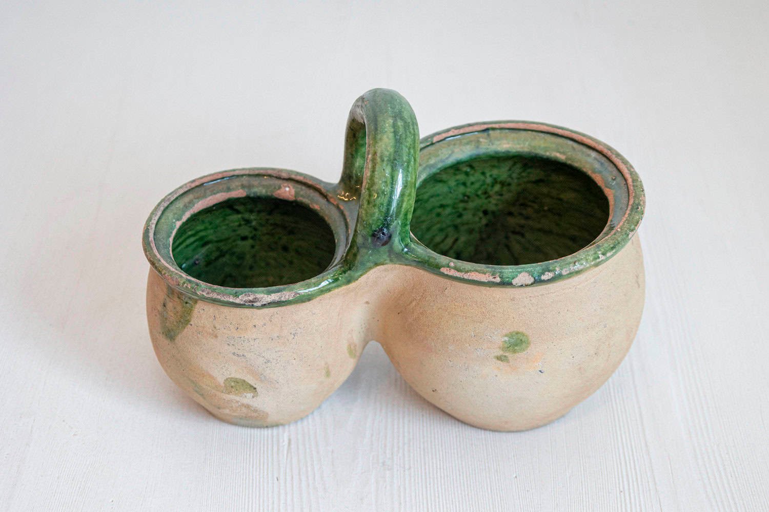 Green Glazed 19th Century Pottery Shepherd's Lunch Holder with Bowls and Handle - JAA