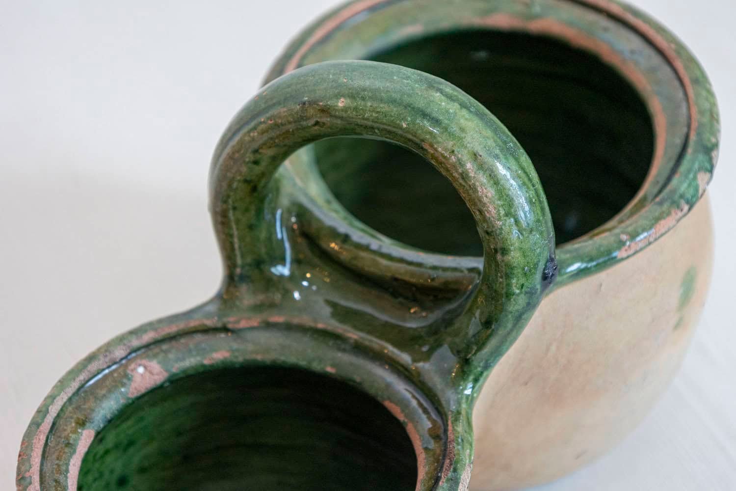 Green Glazed 19th Century Pottery Shepherd's Lunch Holder with Bowls and Handle - JAA