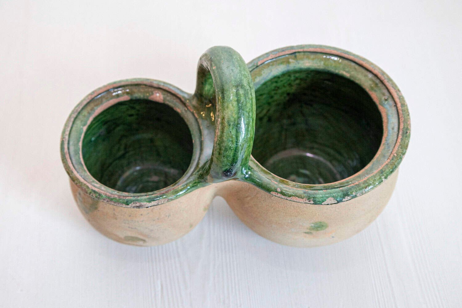 Green Glazed 19th Century Pottery Shepherd's Lunch Holder with Bowls and Handle - JAA