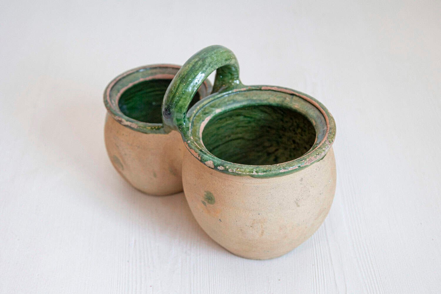 Green Glazed 19th Century Pottery Shepherd's Lunch Holder with Bowls and Handle - JAA