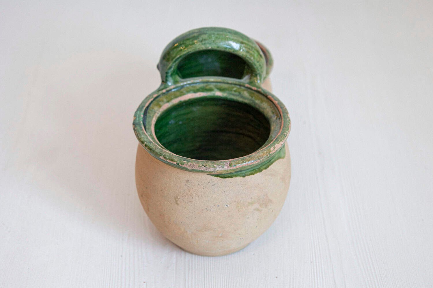 Green Glazed 19th Century Pottery Shepherd's Lunch Holder with Bowls and Handle - JAA
