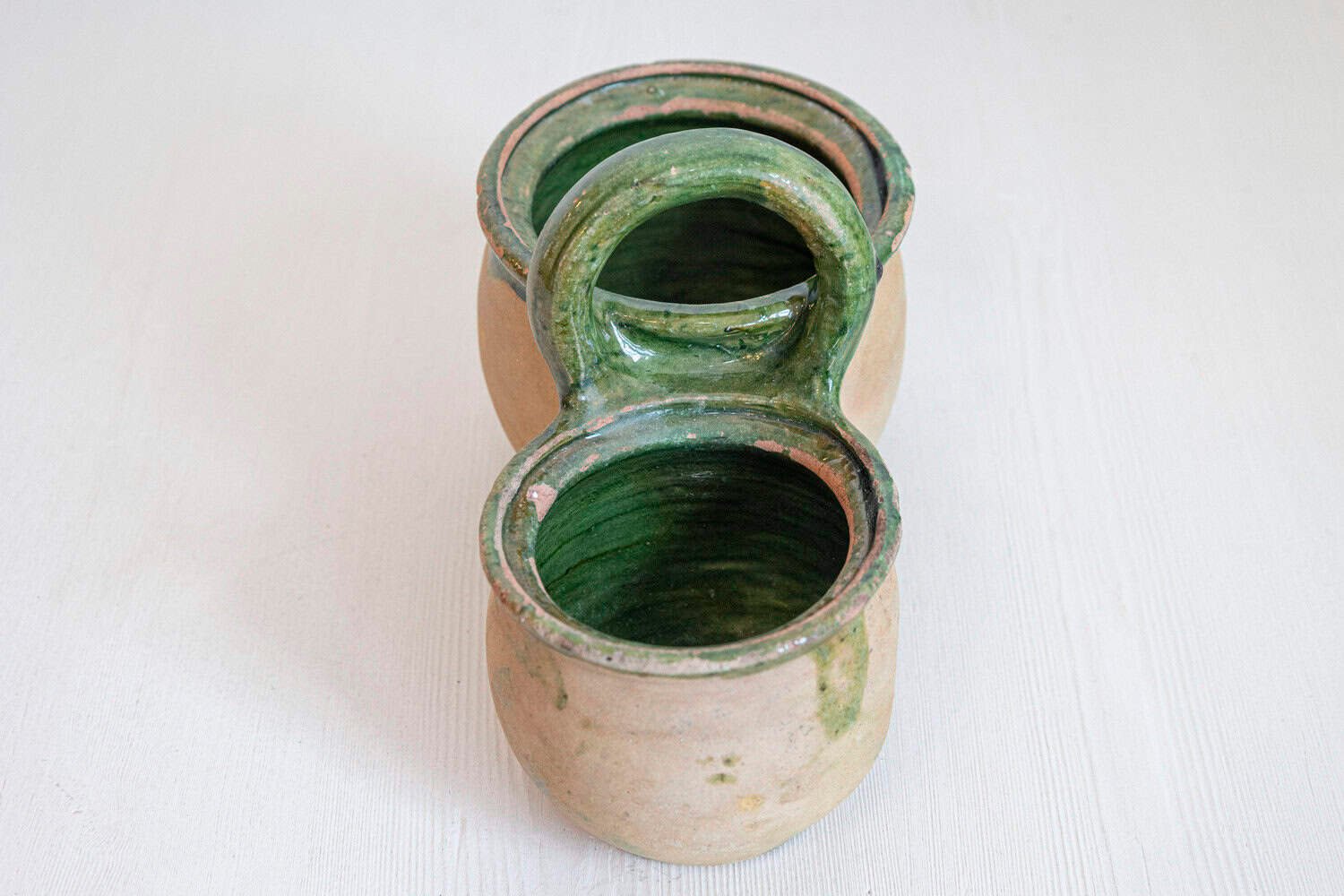 Green Glazed 19th Century Pottery Shepherd's Lunch Holder with Bowls and Handle - JAA