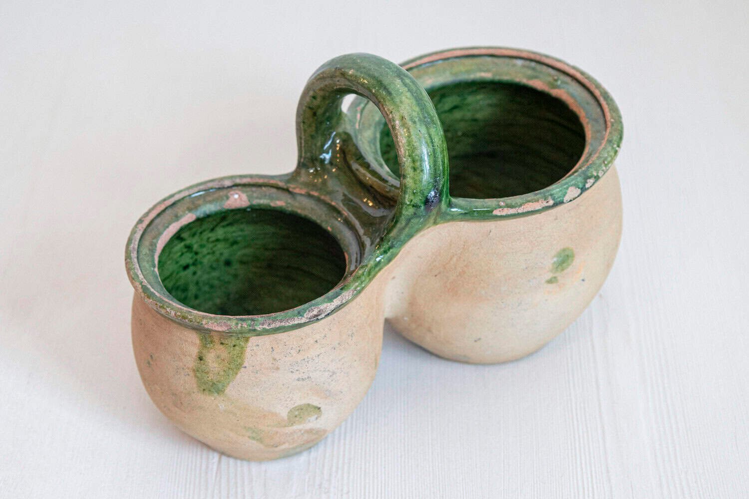 Green Glazed 19th Century Pottery Shepherd's Lunch Holder with Bowls and Handle - JAA