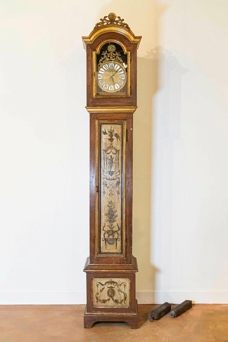 French 19th Century Longcase Painted Clock with Carved Crest and Classical Décor - JAA
