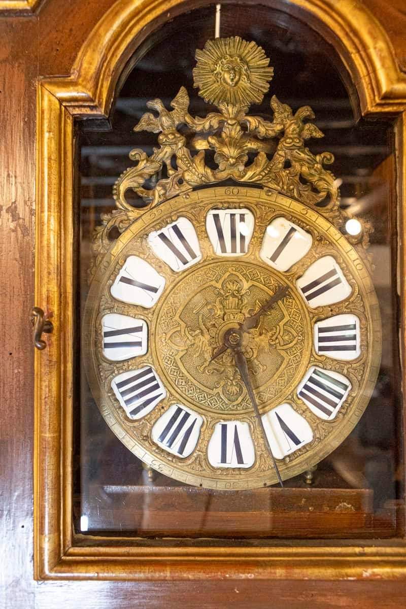 French 19th Century Longcase Painted Clock with Carved Crest and Classical Décor - JAA