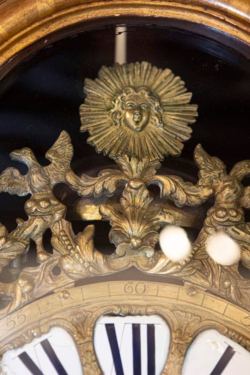 French 19th Century Longcase Painted Clock with Carved Crest and Classical Décor - JAA