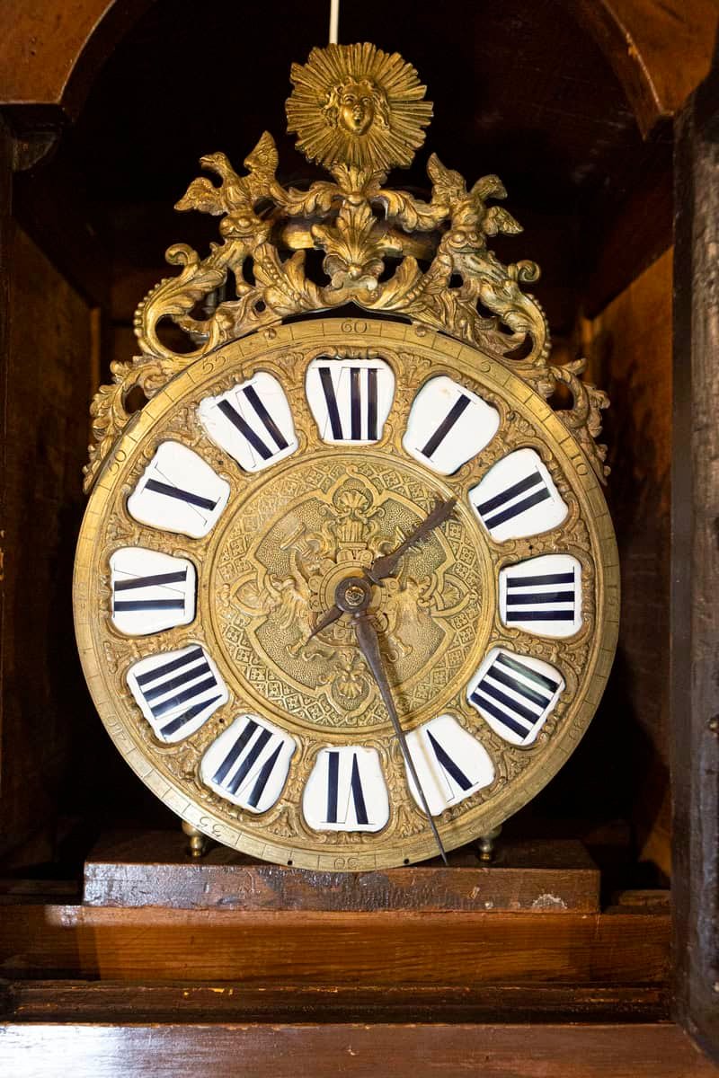 French 19th Century Longcase Painted Clock with Carved Crest and Classical Décor - JAA