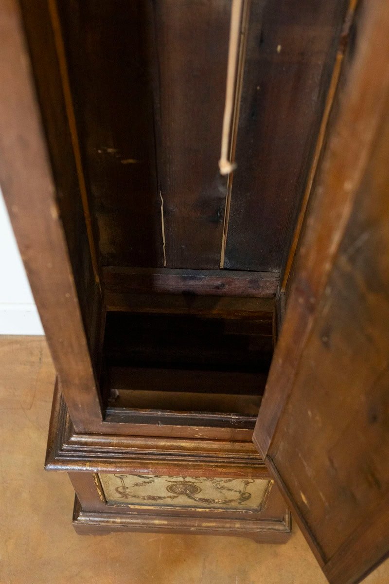 French 19th Century Longcase Painted Clock with Carved Crest and Classical Décor - JAA