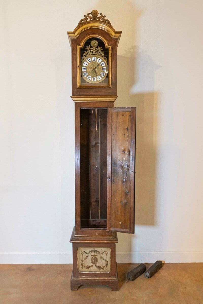 French 19th Century Longcase Painted Clock with Carved Crest and Classical Décor - JAA