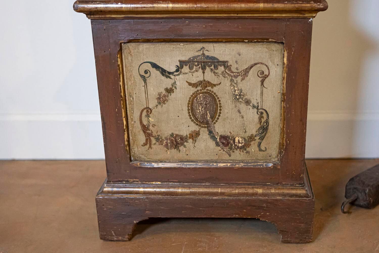 French 19th Century Longcase Painted Clock with Carved Crest and Classical Décor - JAA