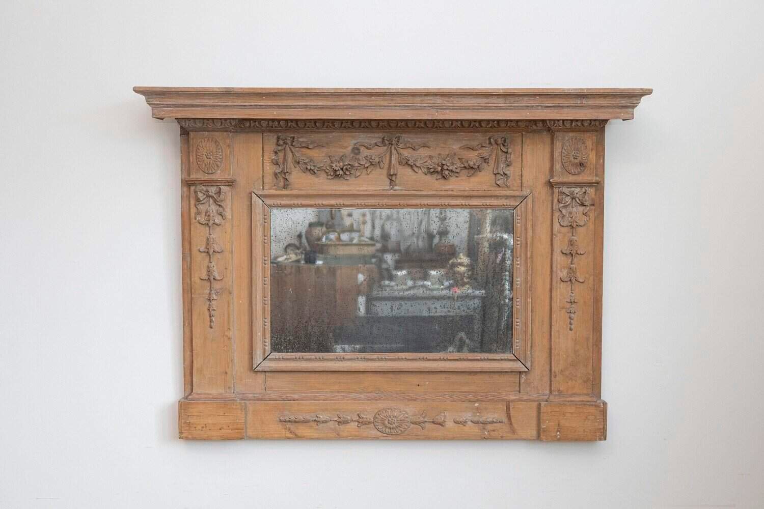 English 1780s Georgian Period Pine Mirror with Original Glass and Carved Swags - JAA