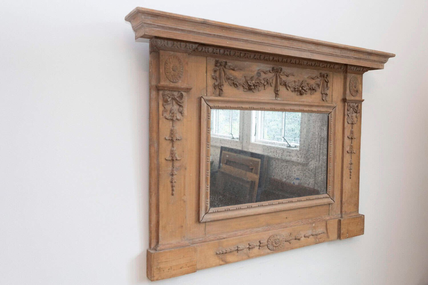 English 1780s Georgian Period Pine Mirror with Original Glass and Carved Swags - JAA
