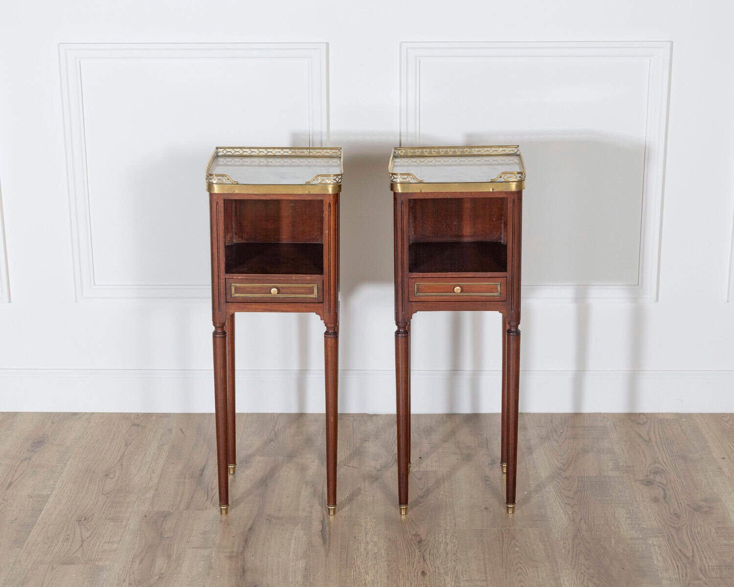 Pair of Small Louis XVI Style Mahogany Bedside Tables with Marble Tops - JAA