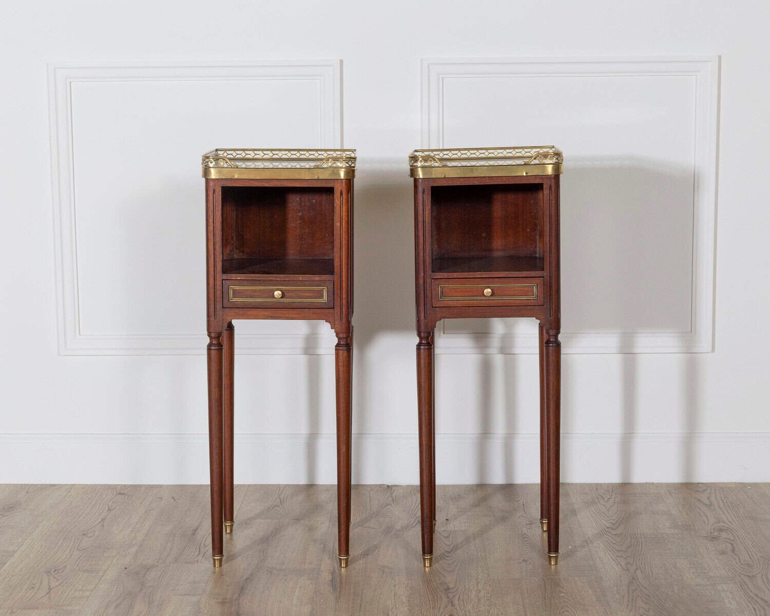 Pair of Small Louis XVI Style Mahogany Bedside Tables with Marble Tops - JAA