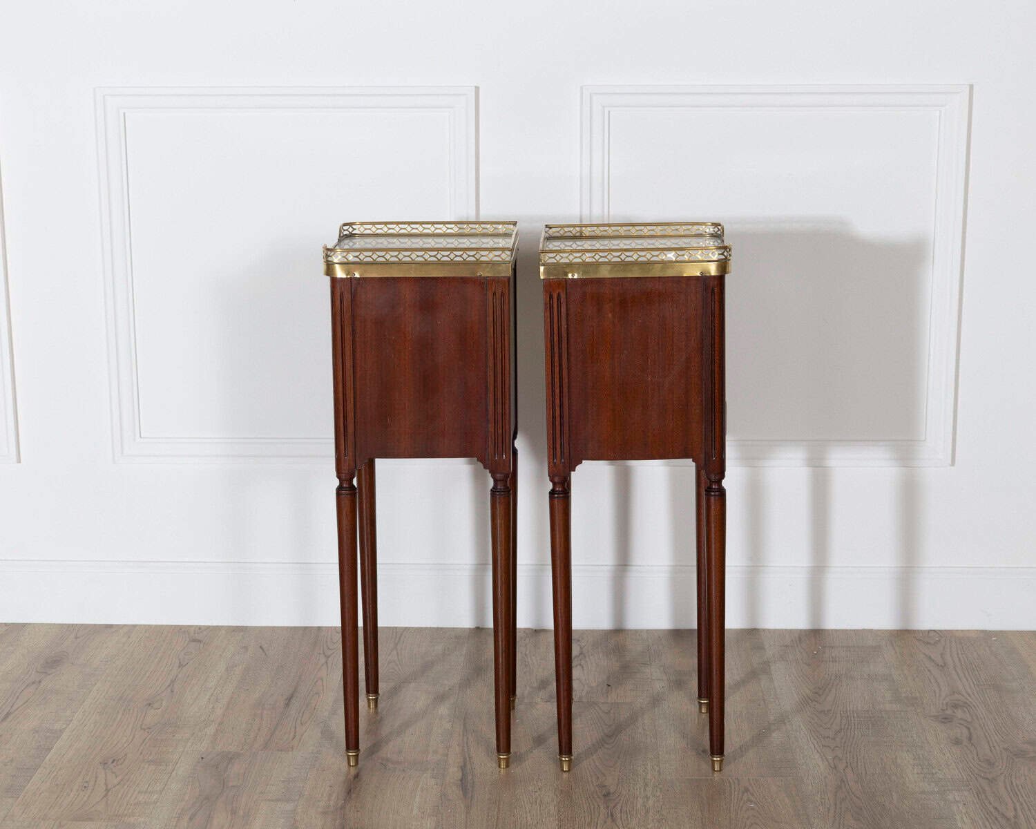 Pair of Small Louis XVI Style Mahogany Bedside Tables with Marble Tops - JAA