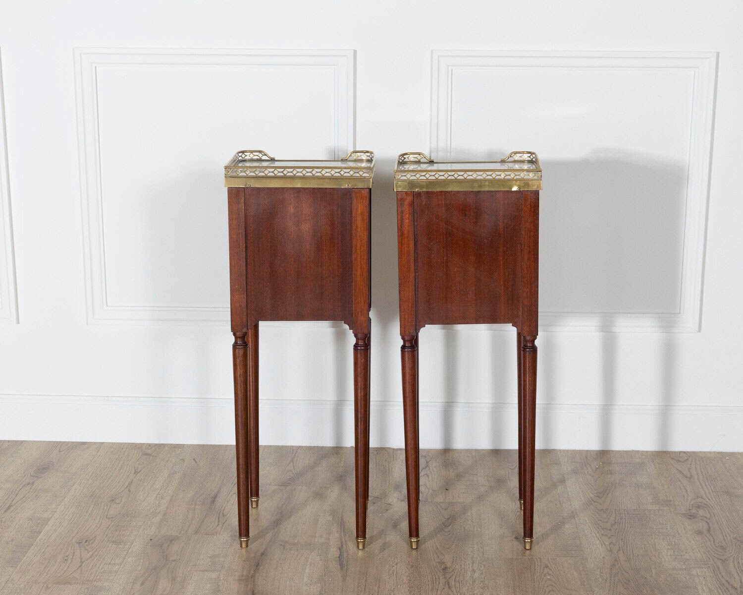 Pair of Small Louis XVI Style Mahogany Bedside Tables with Marble Tops - JAA