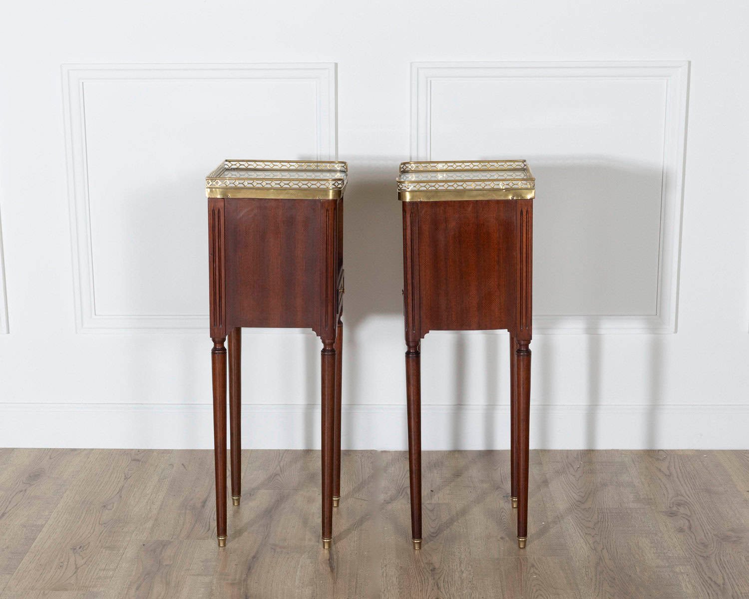 Pair of Small Louis XVI Style Mahogany Bedside Tables with Marble Tops - JAA