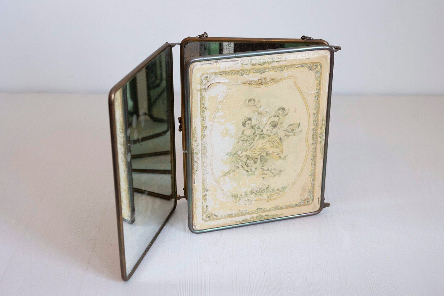 French 19th Century Three Part Fold Out Vanity Mirror with Rococo Style Scenes - JAA