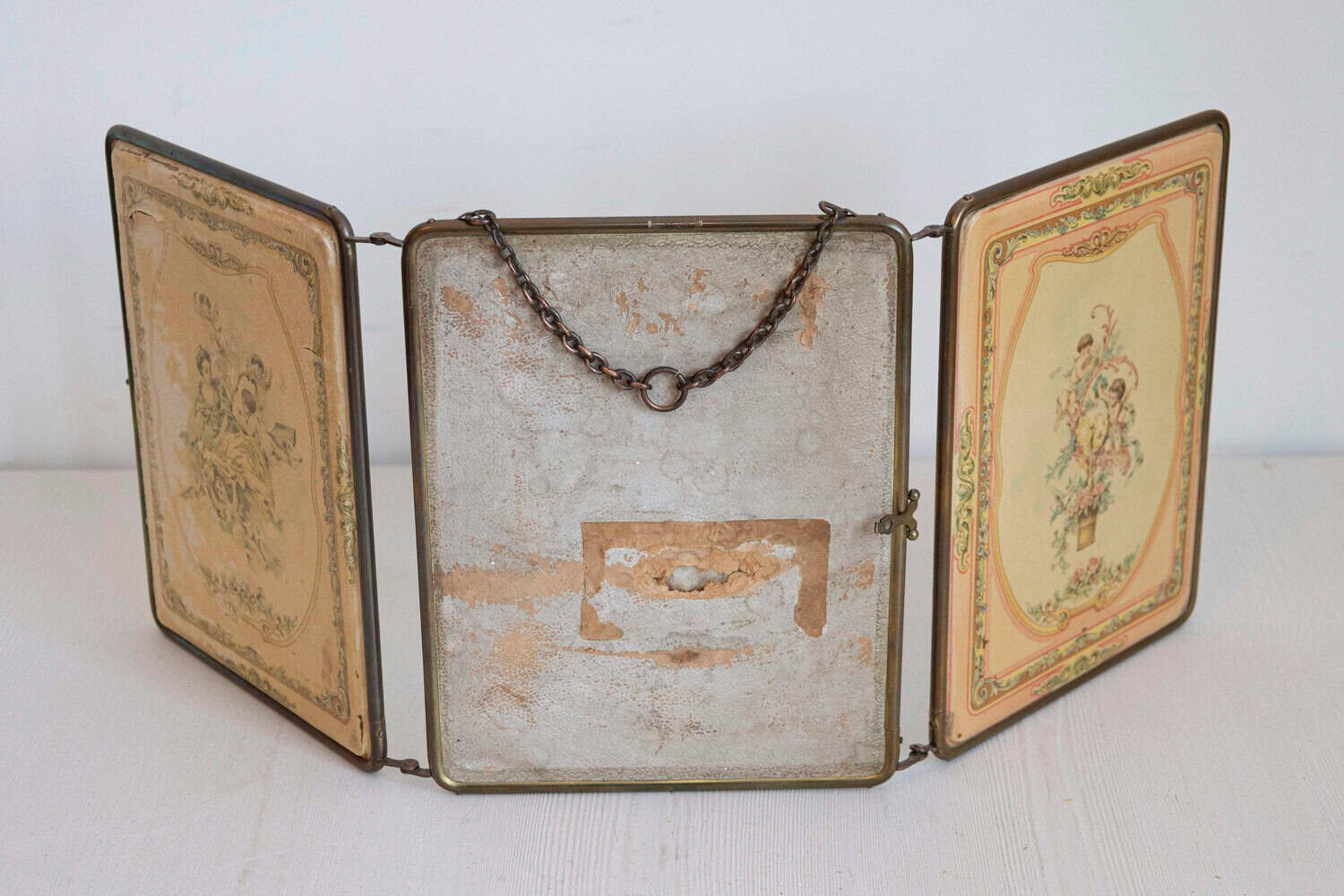 French 19th Century Three Part Fold Out Vanity Mirror with Rococo Style Scenes - JAA