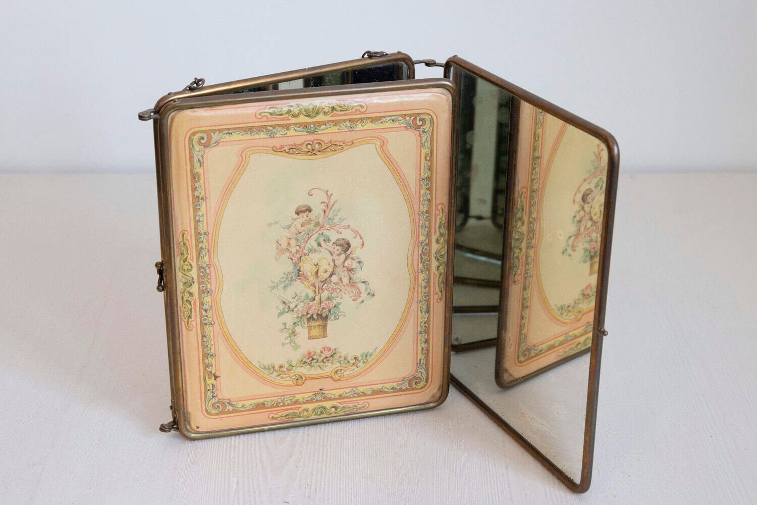 French 19th Century Three Part Fold Out Vanity Mirror with Rococo Style Scenes - JAA