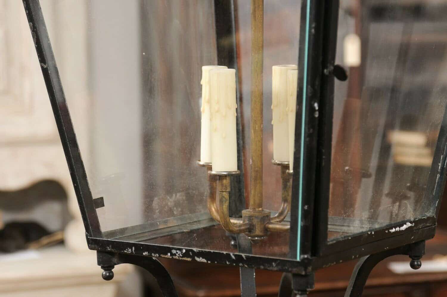 Turn of the Century French Iron and Glass Lanterns, Wired for the USA - JAA