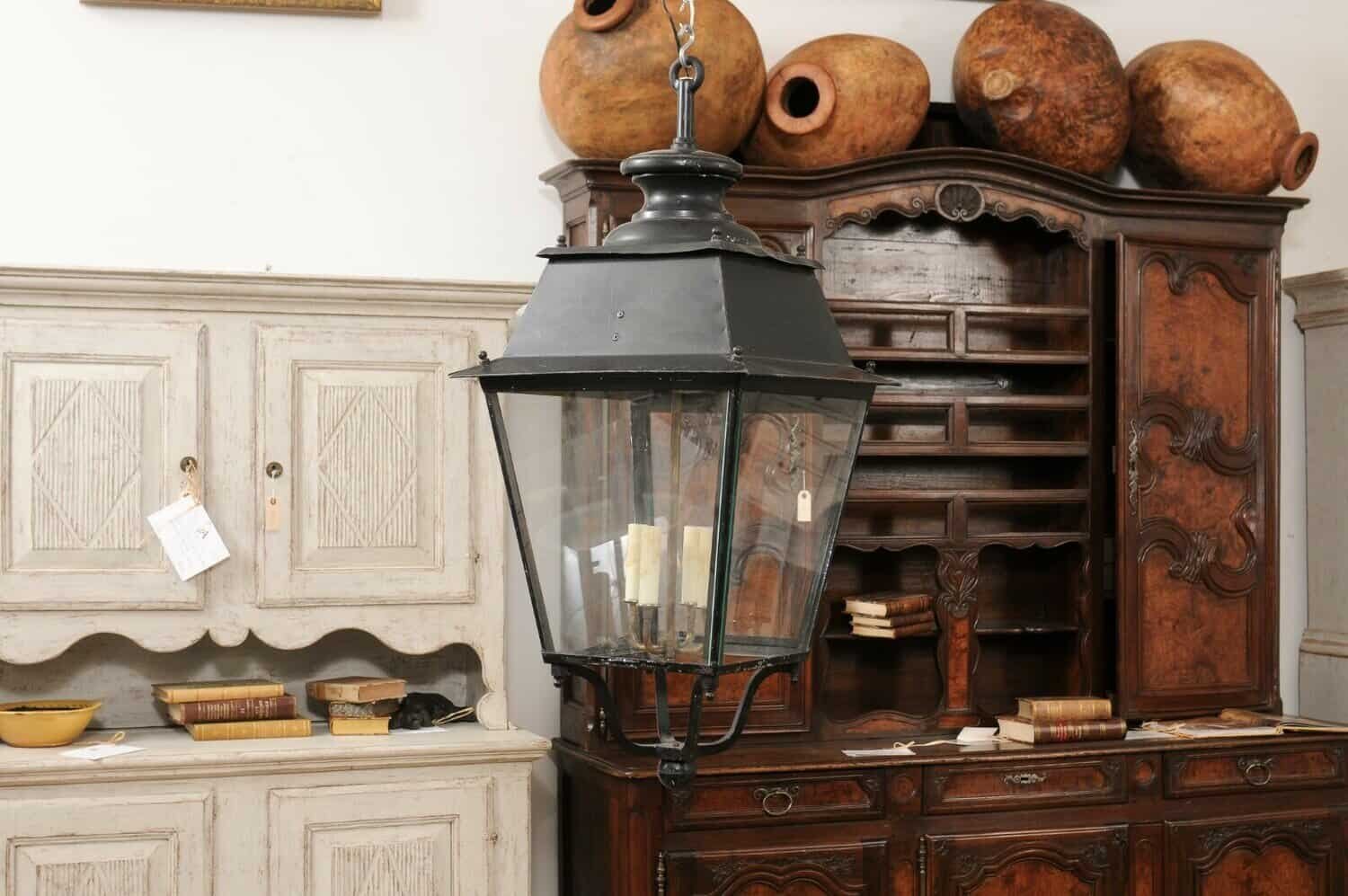 Turn of the Century French Iron and Glass Lanterns, Wired for the USA - JAA