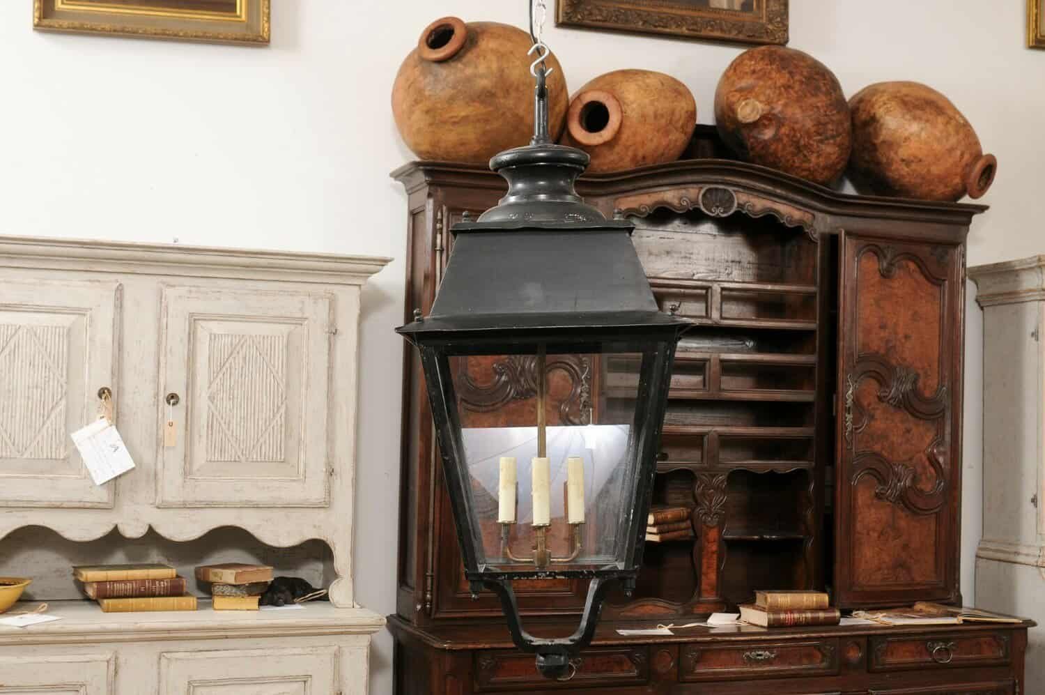 Turn of the Century French Iron and Glass Lanterns, Wired for the USA - JAA