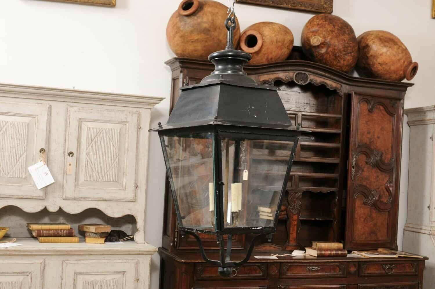 Turn of the Century French Iron and Glass Lanterns, Wired for the USA - JAA