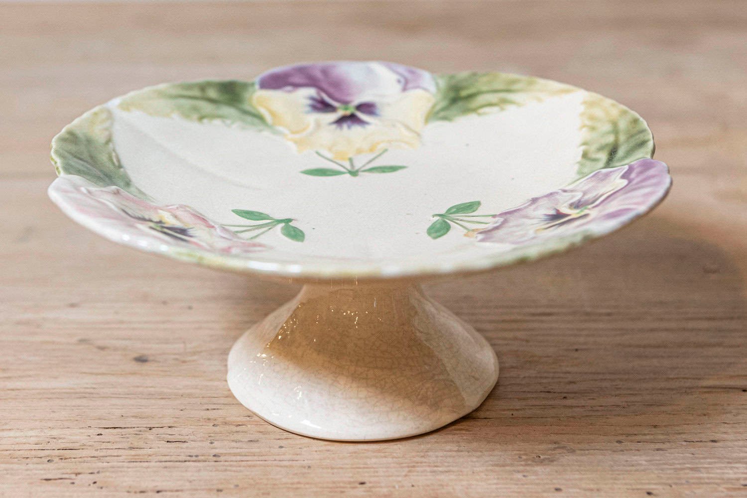 French 19th Century Majolica Compote with Pansies and Scalloped Edge - JAA