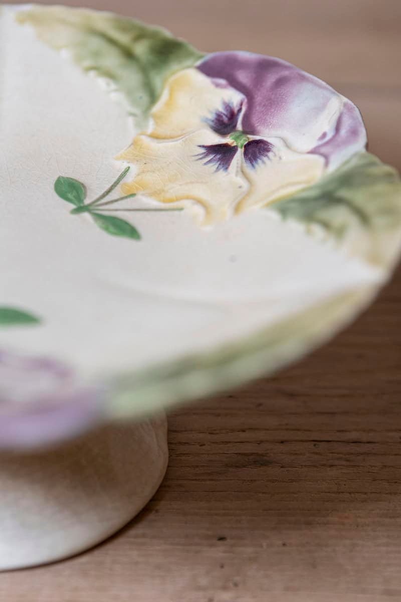 French 19th Century Majolica Compote with Pansies and Scalloped Edge - JAA