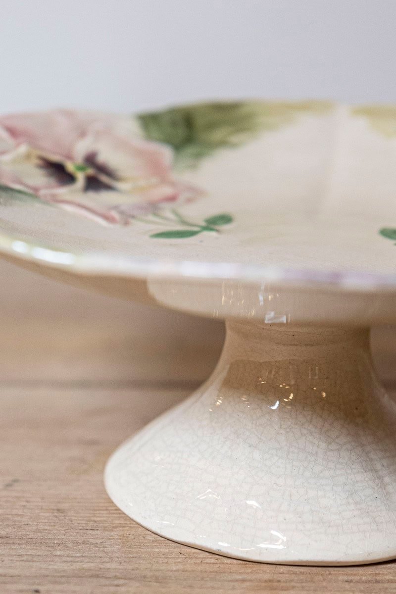 French 19th Century Majolica Compote with Pansies and Scalloped Edge - JAA