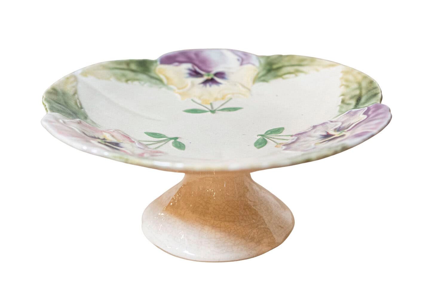 French 19th Century Majolica Compote with Pansies and Scalloped Edge