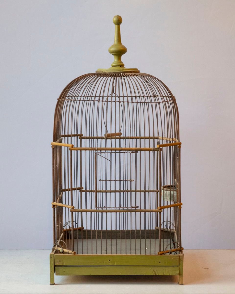 French 19th Century Green-Painted Wooden Birdcage with Domed Top, Metal Bars and Zinc Feeder - JAA
