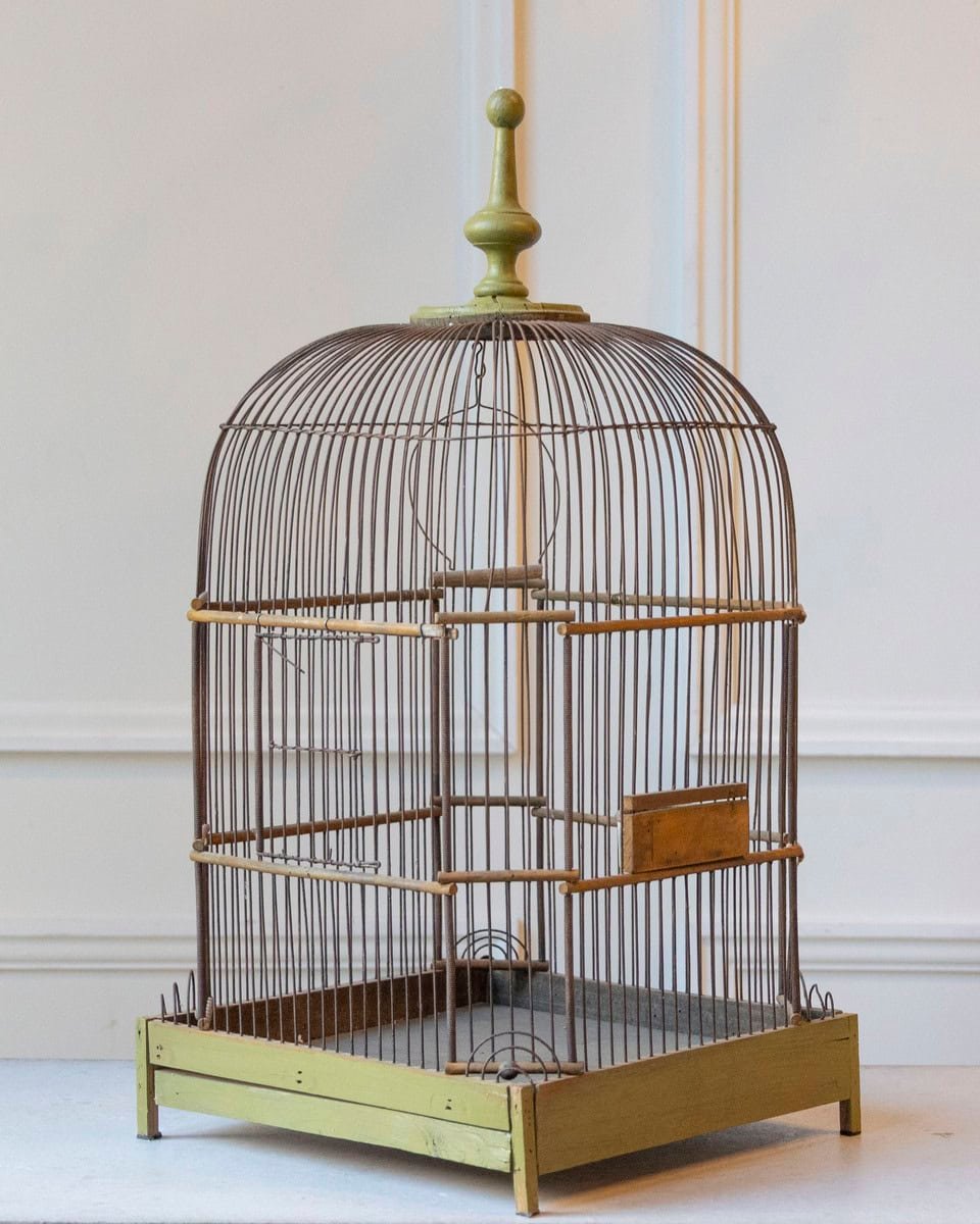 French 19th Century Green-Painted Wooden Birdcage with Domed Top, Metal Bars and Zinc Feeder - JAA