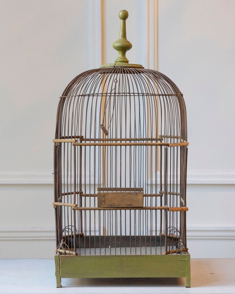 French 19th Century Green-Painted Wooden Birdcage with Domed Top, Metal Bars and Zinc Feeder - JAA
