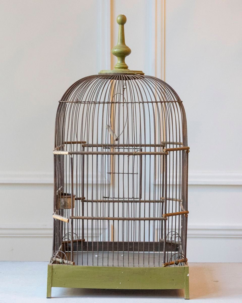 French 19th Century Green-Painted Wooden Birdcage with Domed Top, Metal Bars and Zinc Feeder - JAA