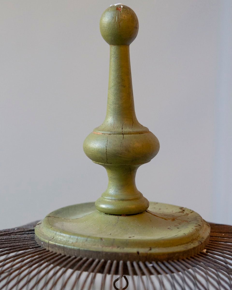 French 19th Century Green-Painted Wooden Birdcage with Domed Top, Metal Bars and Zinc Feeder - JAA