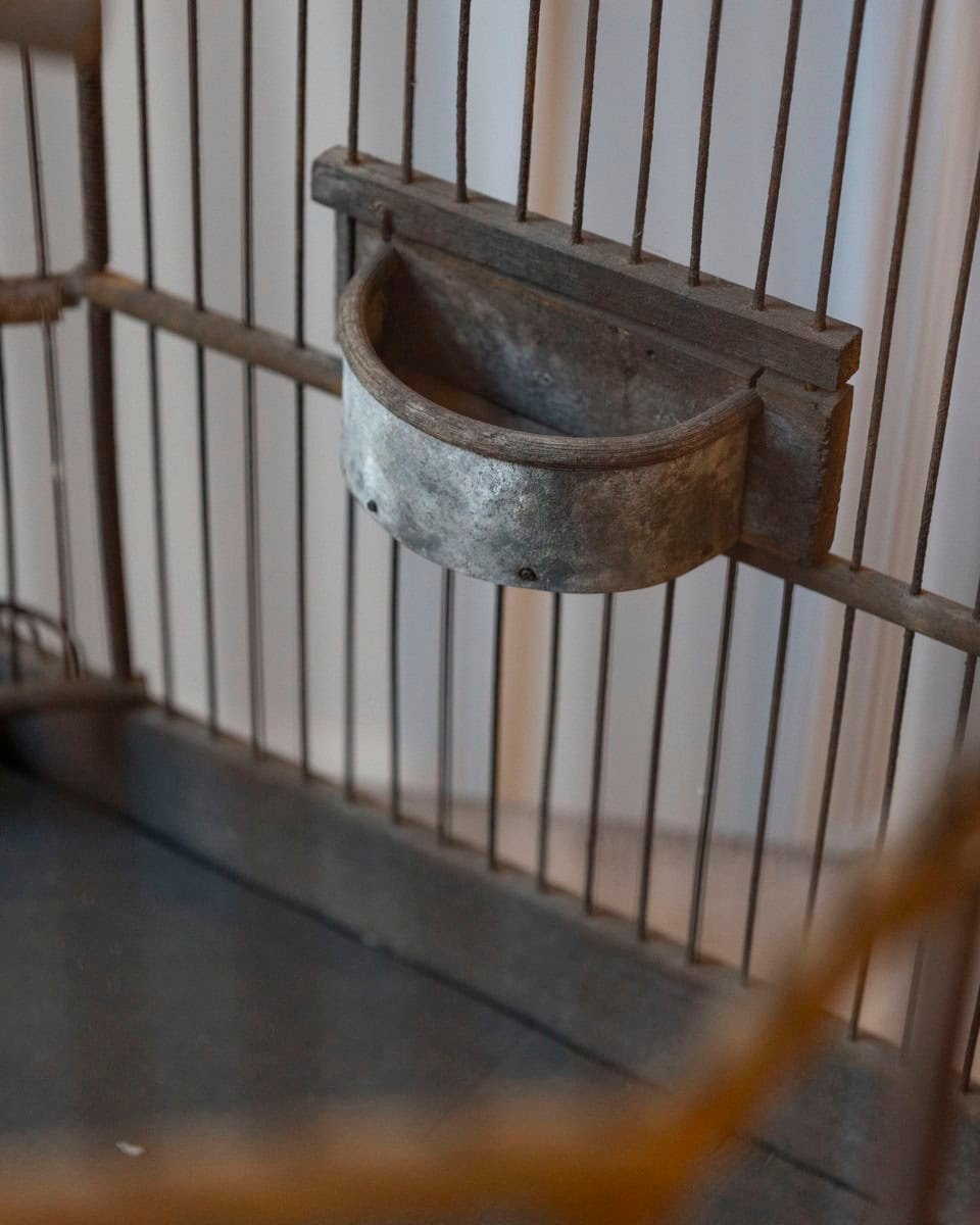 French 19th Century Green-Painted Wooden Birdcage with Domed Top, Metal Bars and Zinc Feeder - JAA