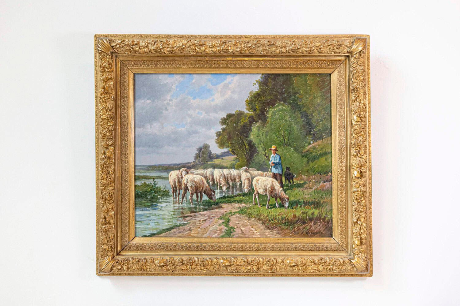 French Barbizon Painting of a Shepherd with His Herd of Sheep, Late 19th Century - JAA